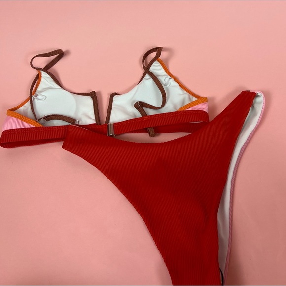 Pink Orange & Red Colour-Block Bikini Set - Picture 3 of 5